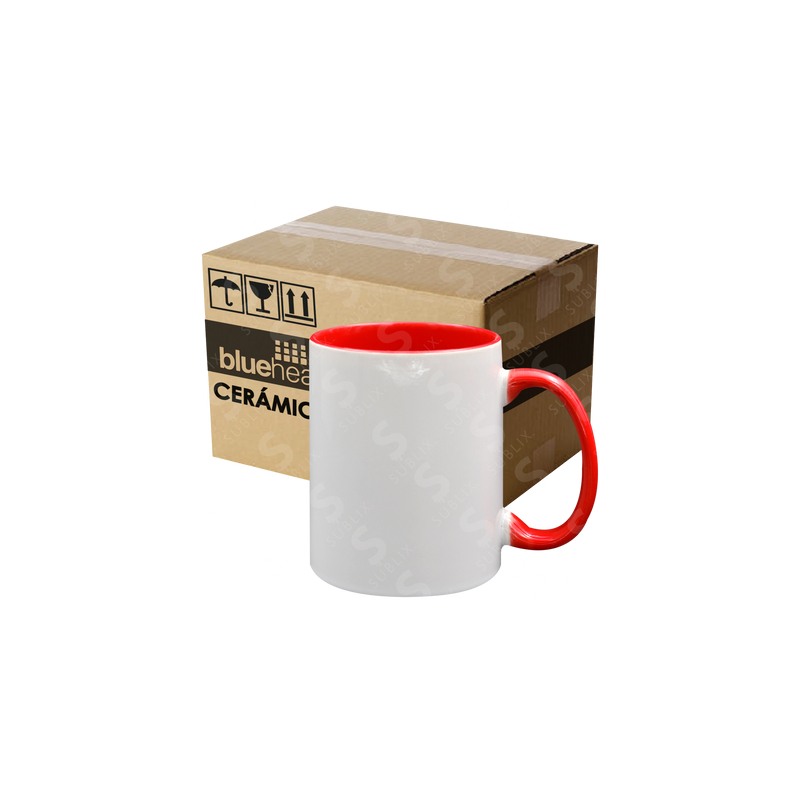 Taza de cerámica 11oz Blanca Reforzada  Interior y asa color rojo (Caja de 36) Blue Heat