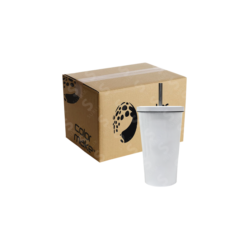 Vaso de acero tipo Tumbler de 550ml Cónico tapa y popote Color Blanco (Caja de 12) Color Make