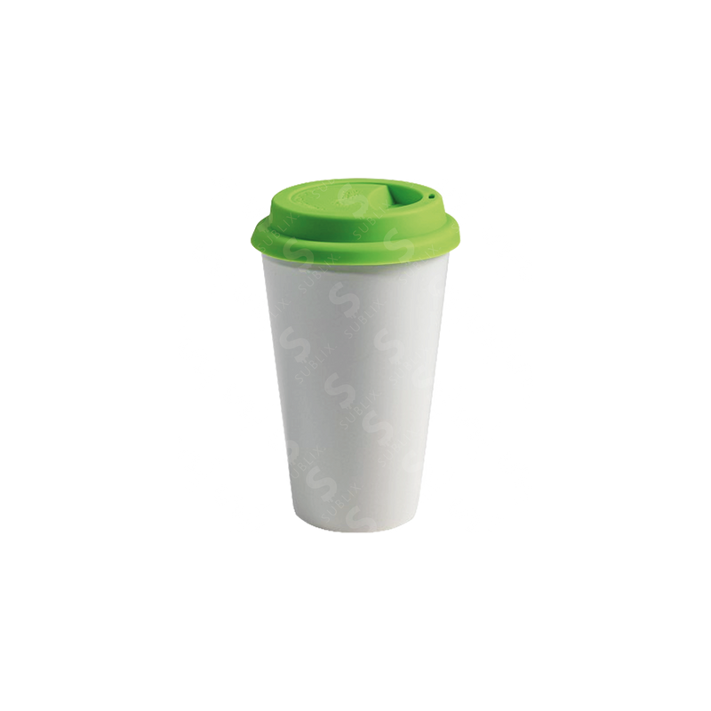 Vaso Tumbler de cerámica 15oz. Cónico con tapa de silicón color verde