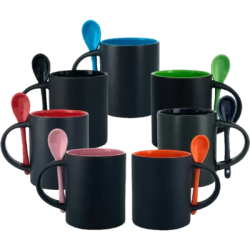 Taza de cerámica 11oz Mágica Color Negro Interior y cuchara de colores