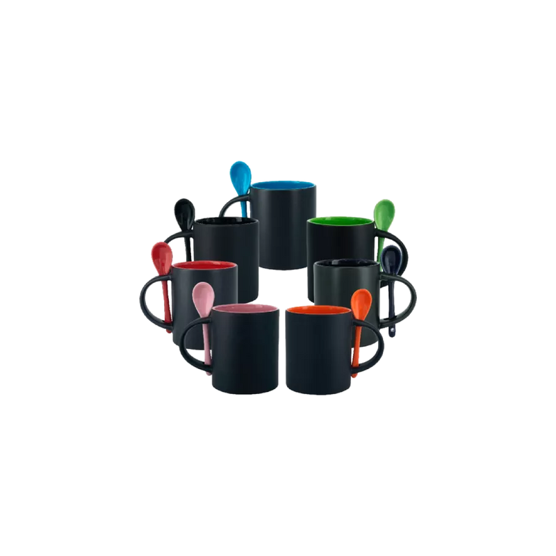Taza de cerámica 11oz Mágica Color Negro Interior y cuchara de colores