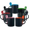 Taza de cerámica 11oz Mágica Color Negro Interior y cuchara de colores