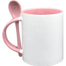 Taza de cerámica 11oz Con Interior y cuchara rosa