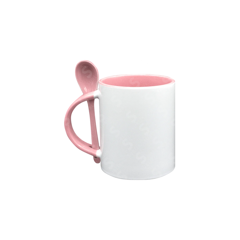 Taza de cerámica 11oz Con Interior y cuchara rosa