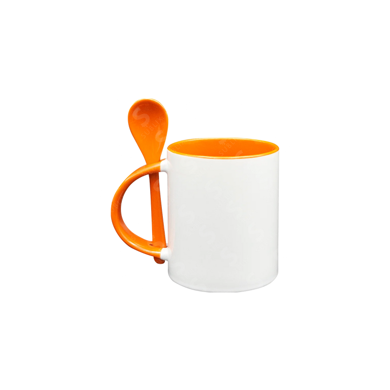 Taza de cerámica 11oz Con Interior y cuchara naranja