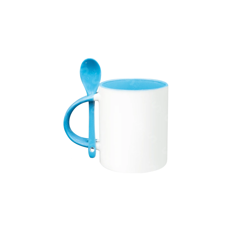 Taza de cerámica 11oz Con Interior y cuchara azul claro