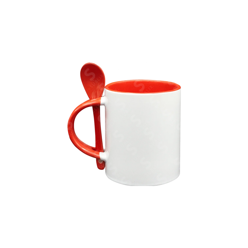 Taza de cerámica 11oz Con Interior y cuchara rojo