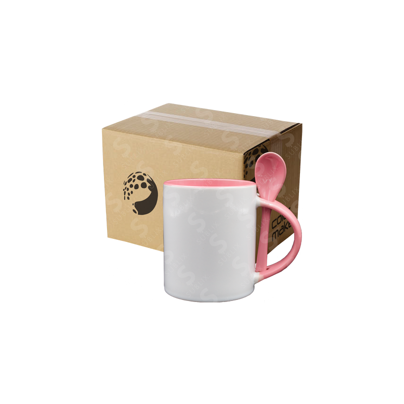 Taza de cerámica 11oz Con cuchara Interior rosa (Caja de 36) Color Make