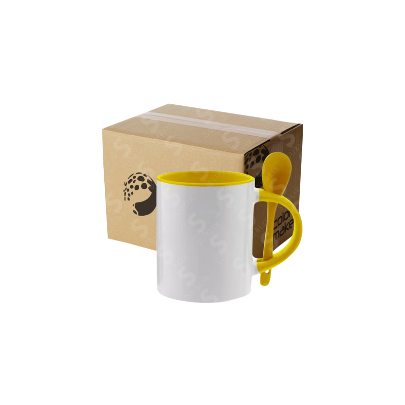 Taza de cerámica 11oz Con cuchara Interior amarillo (Caja de 36) Color Make
